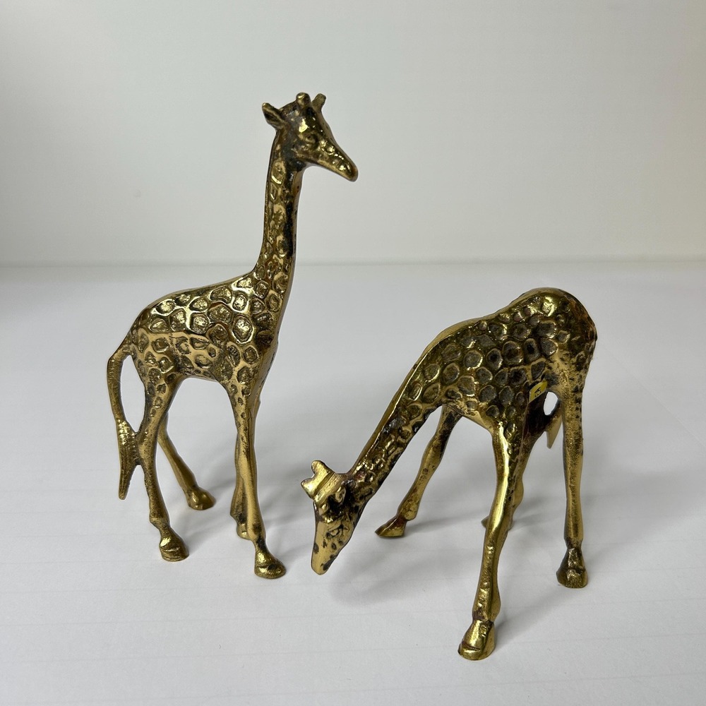 Vintage Brass Giraffe Pair - Standing & Grazing - MCM Brass Animal
